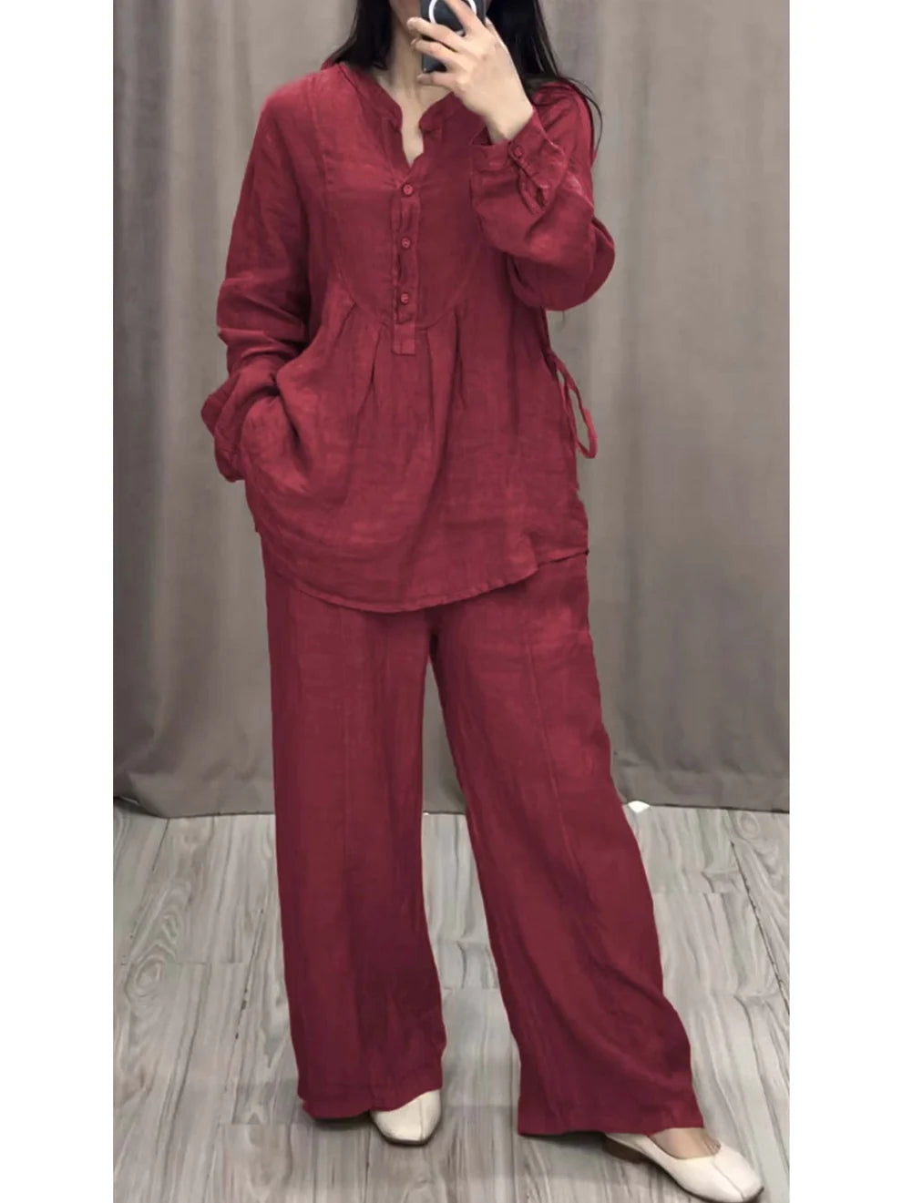 Women's Linen Blend Pleated Shirt & Wide-Leg Trouser Co-Ord Set Size - S