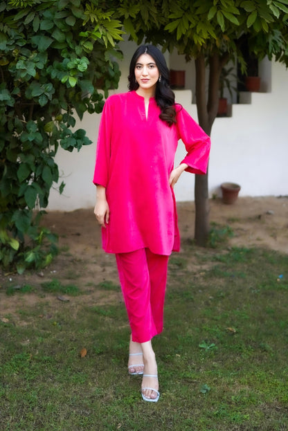 Fluorescent Pink Velvet Co-ord Set