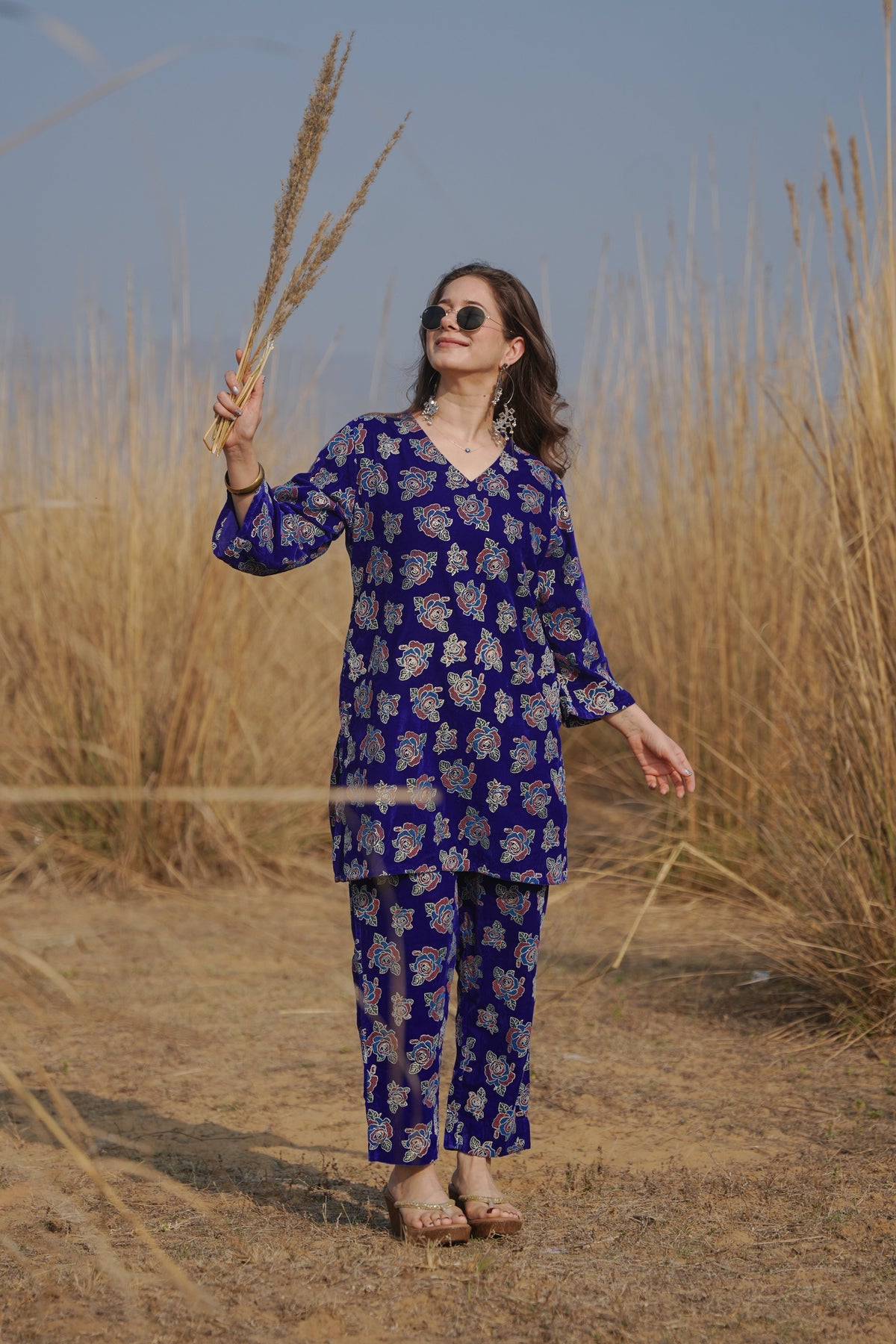 Blue Foil Printed Velvet Co-ord Set