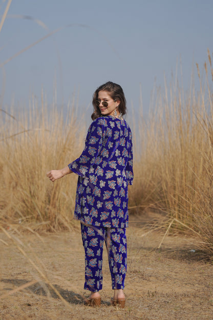 Blue Foil Printed Velvet Co-ord Set