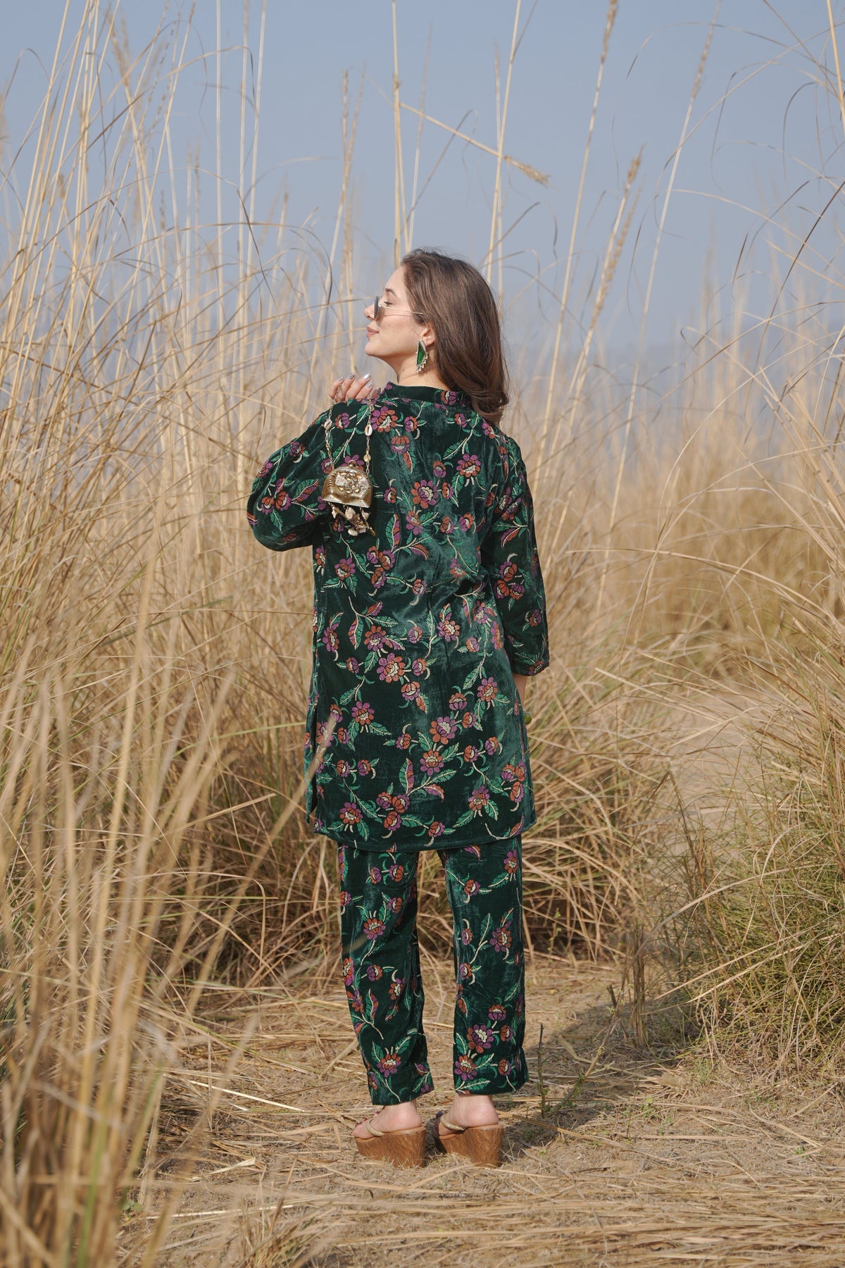 Bottle Green Printed Velvet Co-ord Set