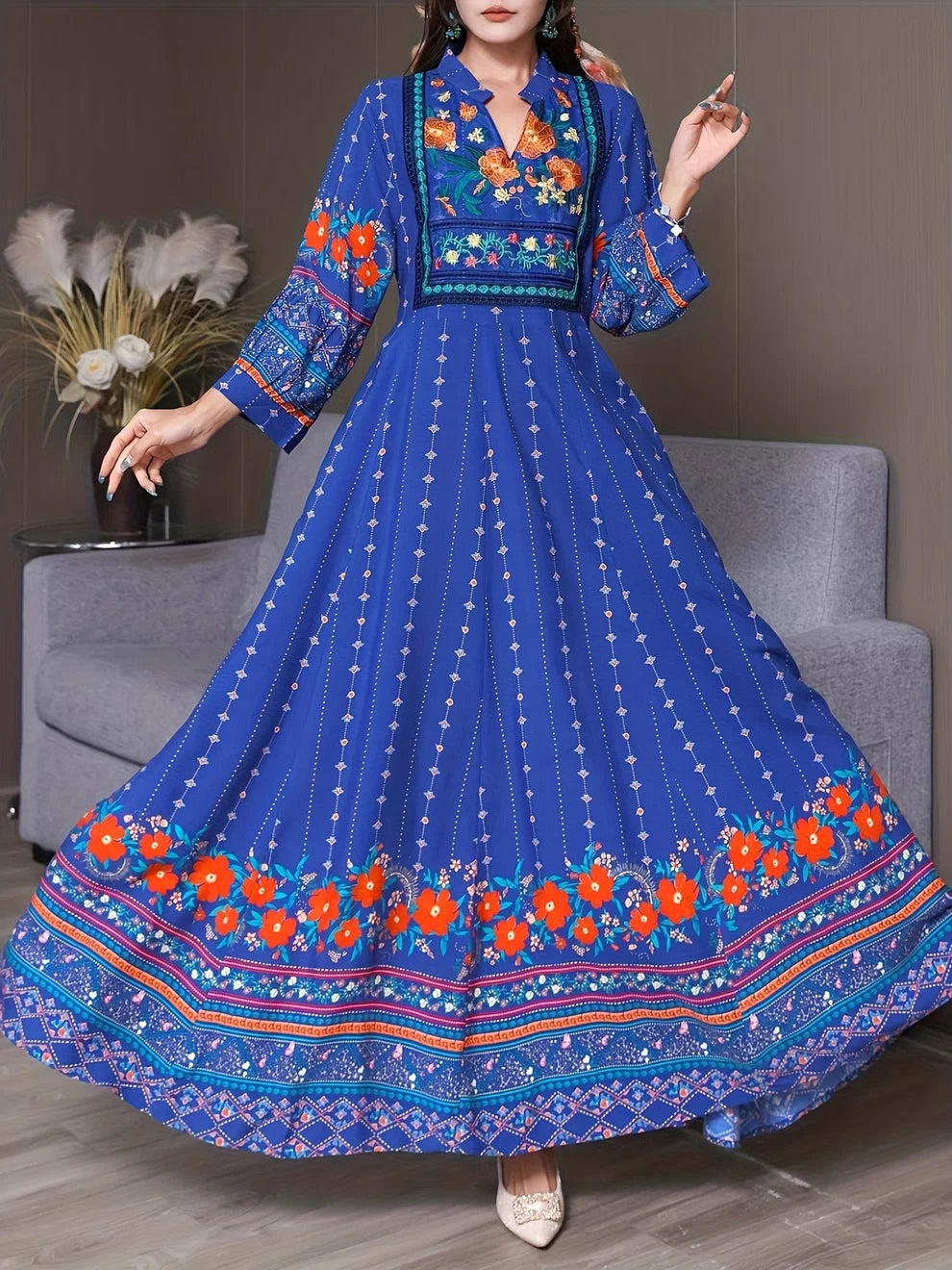 Women's Bohemian Ethnic Print Maxi Dress with Flowing Hem   Size - S