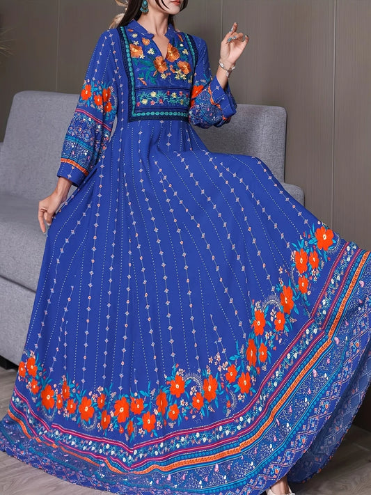Women's Bohemian Ethnic Print Maxi Dress with Flowing Hem   Size - S