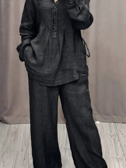 Women's Linen Blend Pleated Shirt & Wide-Leg Trouser Co-Ord Set   Size - S